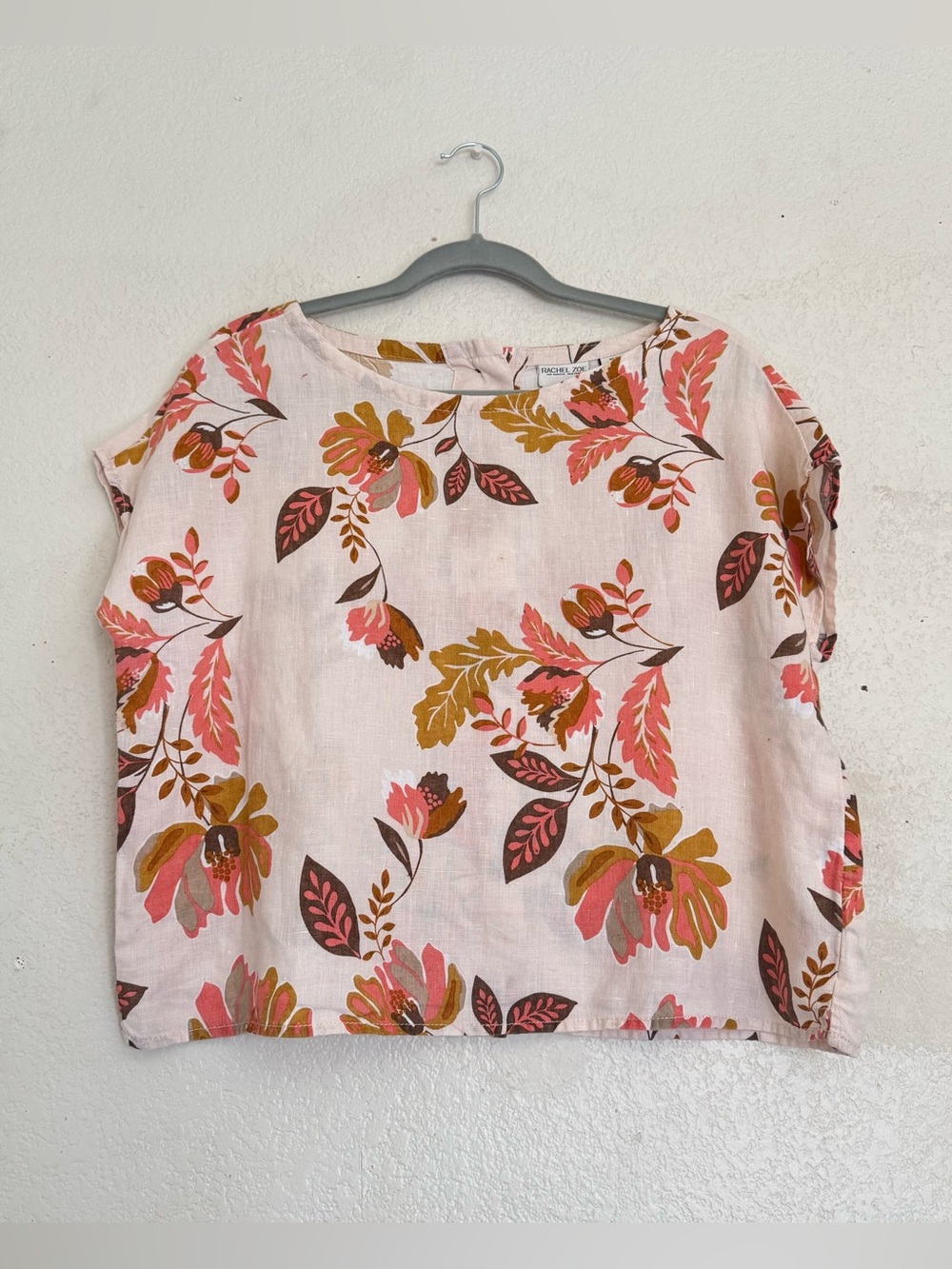 Rachel Zoe 100% Linen Pink Floral Cap Sleeve Top